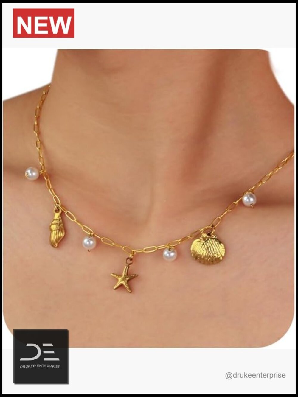 14K Gold Plated Seashell Necklace with Pearl Charms Dainty Beach Jewelry